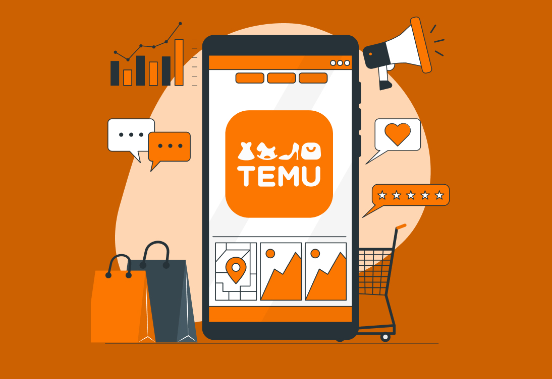Temu app home screen with search bar and promotions.