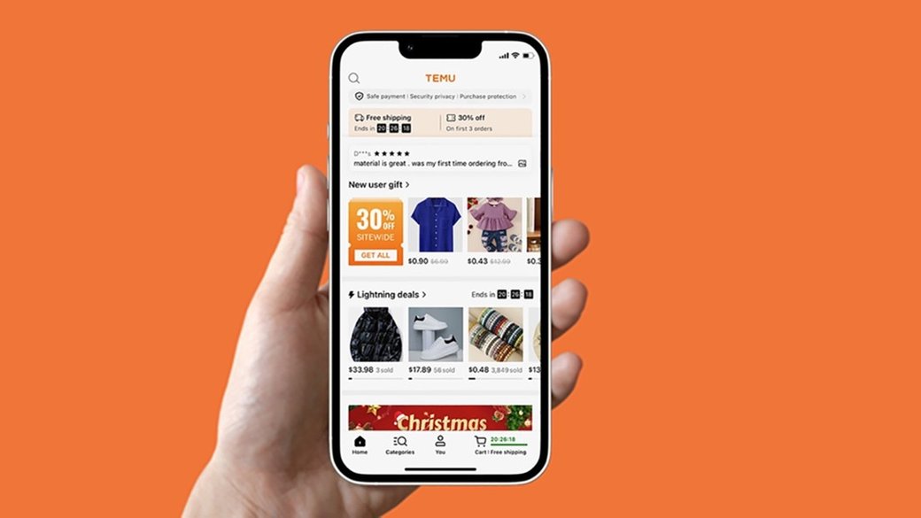 Example of Temu catalog page with various products on sale.
